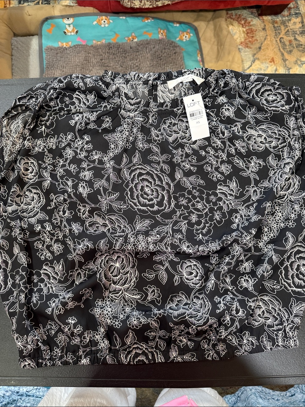 LOFT Black and White Floral Tie-Neck Blouse
